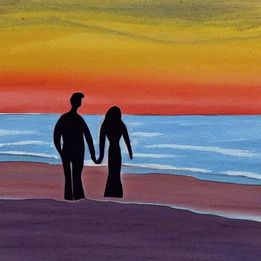 Prompt: man and woman holding hands walking along the shore of the beach, sunset, ink and brush