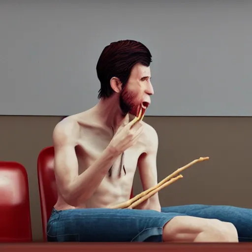 Prompt: a very skinny man feasting on chicken drumsticks, octane render, unreal engine