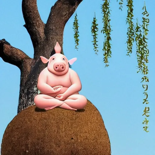 Image similar to a cute pig meditating like buddha on top of a giant mushroom, large willow tree in the background. ”