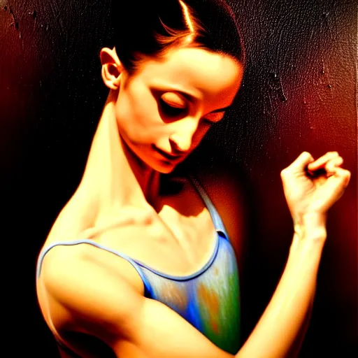 Image similar to portrait of a ballerina, very thick and wet oil paint, 8 k, cinematic light, shadows, reflection highlights in the paint, in the style of joseph lee,