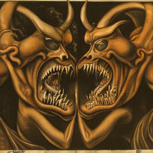 Prompt: photograph of two demons facing each other, close-up, realistic