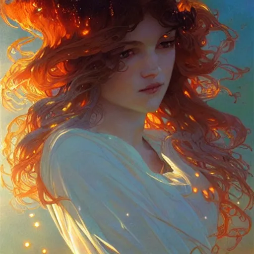 Image similar to sea of glossy liquid honey drops flowing like translucent amber, backlit, sunset, refracted lighting, art by collier, albert aublet, krenz cushart, artem demura, alphonse mucha