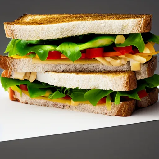 Image similar to sandwich of led lights with tofu, tomat, onion, jalapeno and cheddar, studio photo, amazing light