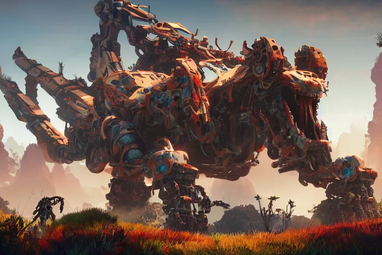 Image similar to behemoth machine mecanical creature robot of horizon forbidden west horizon zero dawn bioluminiscence global illumination ray tracing hdr fanart arstation by sung choi and eric pfeiffer and gabriel garza and casper konefal