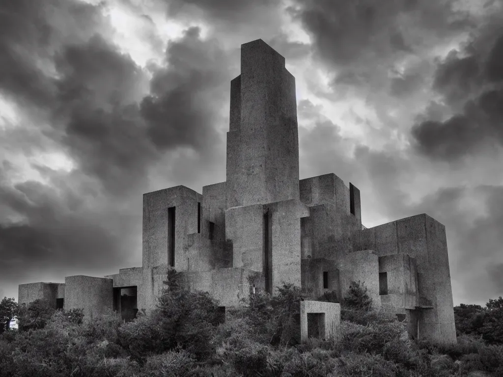 Image similar to photo of a brutalist cathedral built over a rocky hill, in the middle of a storm. realistic clouds. impressive, magical, very atmospheric, cinematic, deep, very high complexity, stunning, dramatic masterpiece, chiaroscuro, romantic, very detailed. 4 k