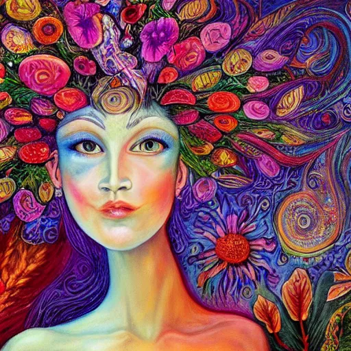 Image similar to a painting of a woman's face surrounded by flowers, a surrealist painting by josephine wall and ( ( ( alice mason ) ) ), deviantart, psychedelic art, psychedelic, biomorphic, detailed painting