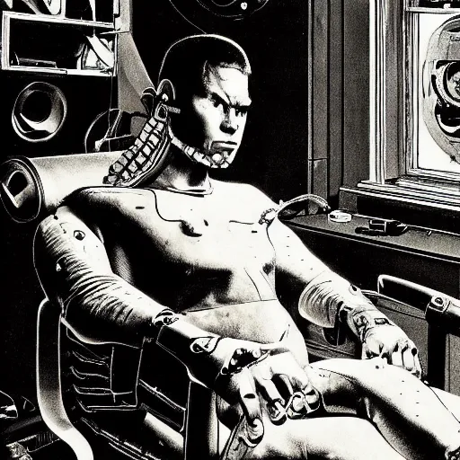Prompt: Cyborg, posthuman, cybernetically augmented human, sitting in living room chair, watching black and white TV, drawn by Norman Rockwell