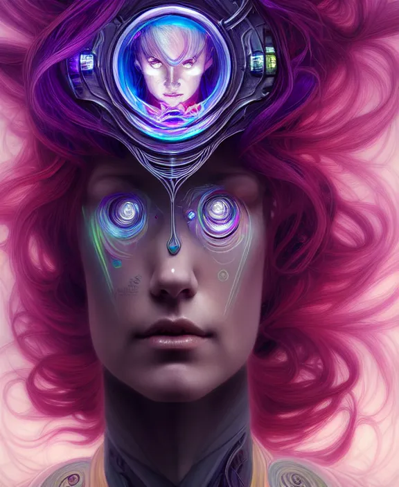 Image similar to a whirlwind of souls rushing inside the metaverse, half body, jewelry, hologram, dreads, android, cyborg, cyberpunk face, by loish, d & d, fantasy, intricate, elegant, highly detailed, colorful, vivid color, digital painting, artstation, concept art, art by artgerm and greg rutkowski and alphonse mucha