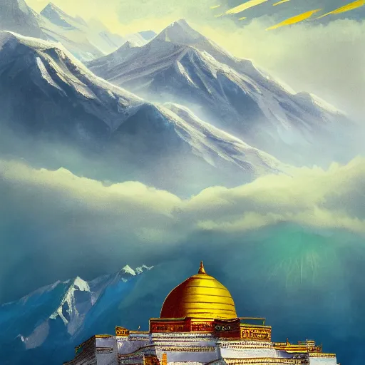 Image similar to omar shanti himalaya tibet, by mone and mane, acrilic paint, digital, artstation, detailed intricate ink illustration, heavenly atmosphere, digital art, overdetailed art, concept art, complementing colors, trending on artstation, cgstudio, the most beautiful image ever created, dramatic, subtle, details, award winning artwork, beautiful scenery