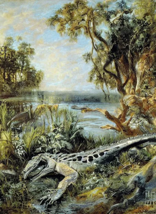 Image similar to artwork painting of florida alligators by eugene von guerard, ivan shishkin, john singer sargent