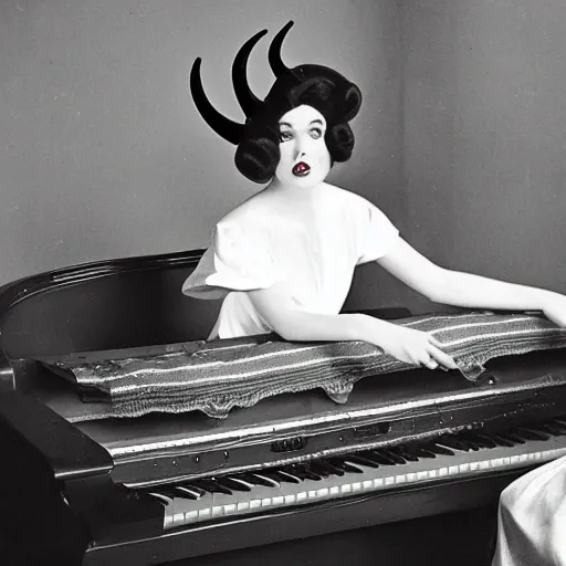 Prompt: vintage woman wearing devil horns and sitting in an piano, retro cartoon