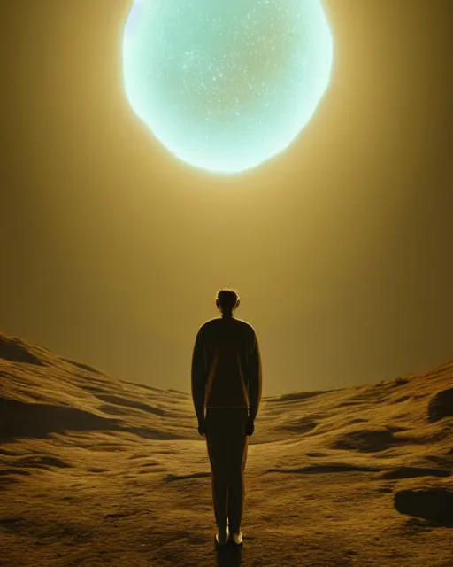 Image similar to a person standing in front of a glowy open door that's on a barren moon, poster art by mike winkelmann, trending on cg society, space art, sci - fi, ue 5, futuristic, volumetric lighting