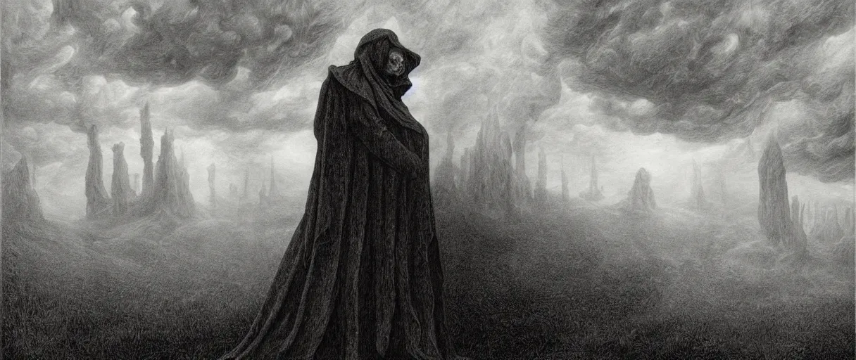 Image similar to an engraving portrait of hastur, lovecraftian atmosphere, caspar david friedrich, foggy, depth, strong shadows, stormclouds, illuminated focal point, highly detailed