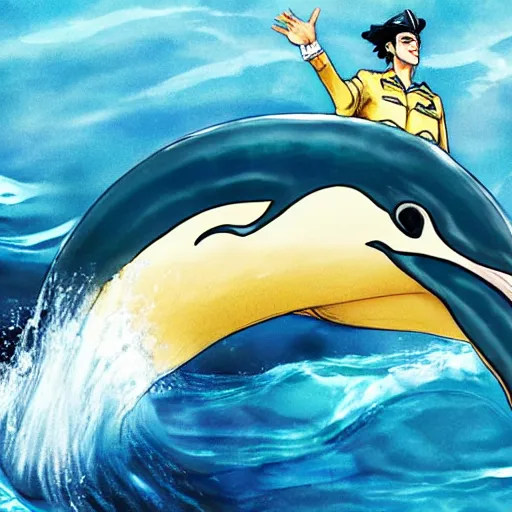 Image similar to Jotaro Kujo riding a dolphin