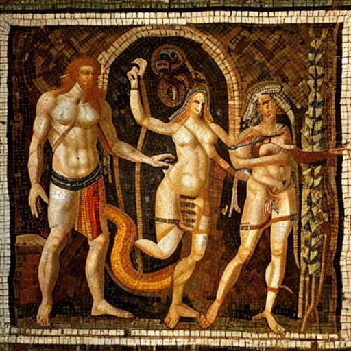 Prompt: a beautiful roman mosaic of adam, eve and the serpent by leonardo da vinci, rome, 1 5 0 0 ad