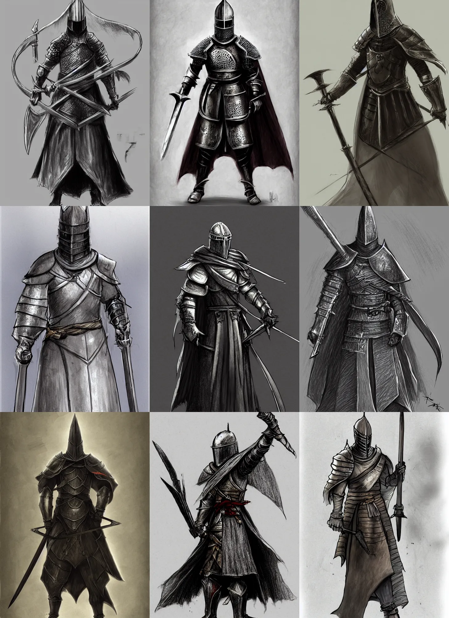 Prompt: a drawing of a knight wearing a large capirote, concept art by miyazaki, dark souls, polycount, antipodeans, concept art, official art, polycount