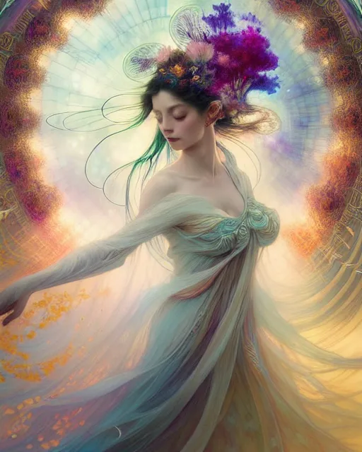 Image similar to Full View ultrarealistic Portrait ethereal fantasy deity wearing beautiful gown, rising in the air levitating, flowers, calm, 4k digital masterpiece by Anna Dittman and Alberto Seveso Ruan Jia, rossdraws, artgerm and greg rutkowski and alphonse mucha and loish and WLOP, fantasycore, Hyperdetailed, fractals, scribble art, realistic digital painting, atmospheric, fireflies, soft lighting, featured on Artstation