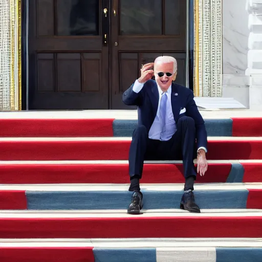 Prompt: Joe Biden trips and falls down the steps