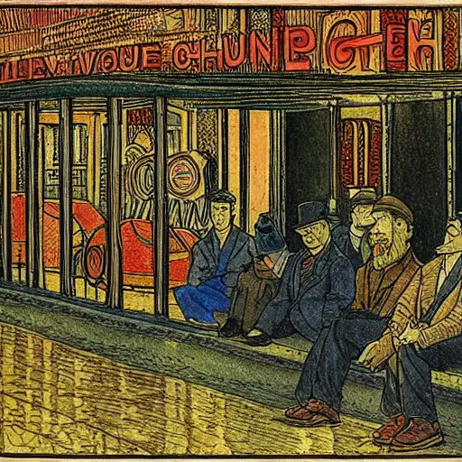 Image similar to a some people waiting in a lone bus stop in quiet dark city night, high quality, high resolution,detailed, by Ivan Bilibin