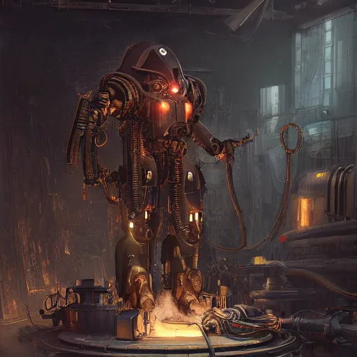 Image similar to adeptus mechanicus techpriest at a forge, by cedric peyravernay and feng zhu, highly detailed, excellent composition, cinematic concept art, dramatic lighting, trending on artstation