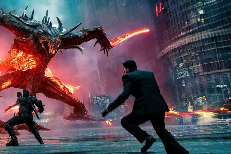 Image similar to film still of john wick fighting a kaiju in tokyo in the new pacific rim movie