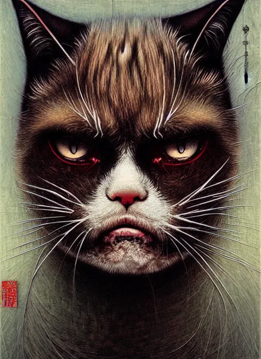 Image similar to a spirit of grumpy cat, red lake, highly detailed, art by Ayami Kojima, Beksinski, Giger