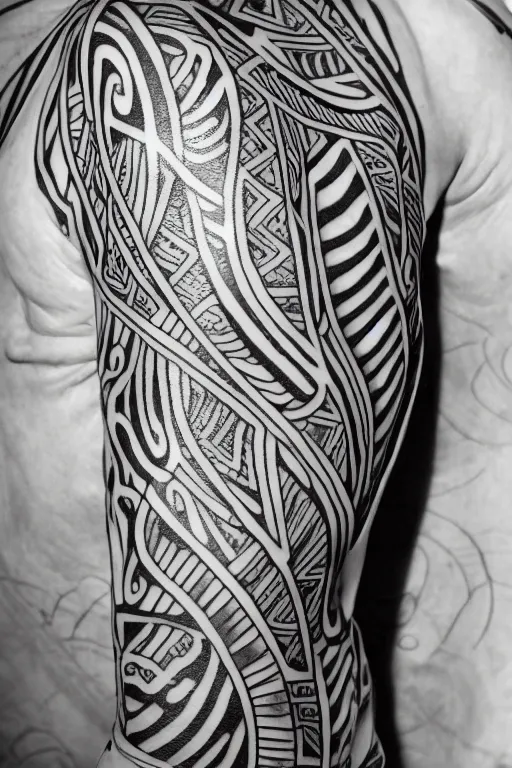 Image similar to a thin intricate lineart swirling tribal tattoo design, black and white