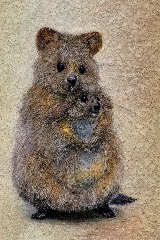 Image similar to detailed illustration, a portrait of a happy quokka on a white background, may gibbs, layered composition, layers, texture, textured, layered, sculpted, dynamic,