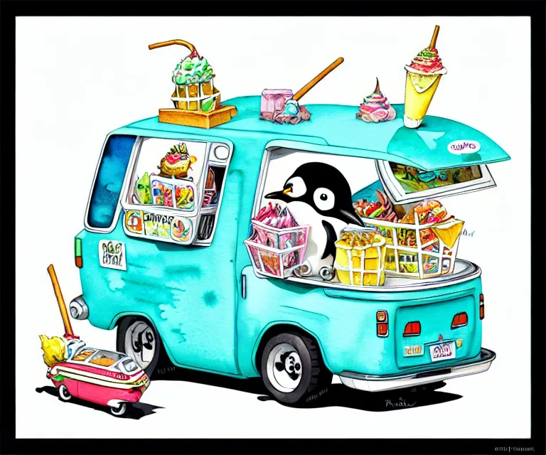 Prompt: cute and funny, penguin riding in a tiny ice cream truck, ratfink style by ed roth, centered award winning watercolor pen illustration, isometric illustration by chihiro iwasaki, edited by craola, tiny details by artgerm and watercolor girl, symmetrically isometrically centered