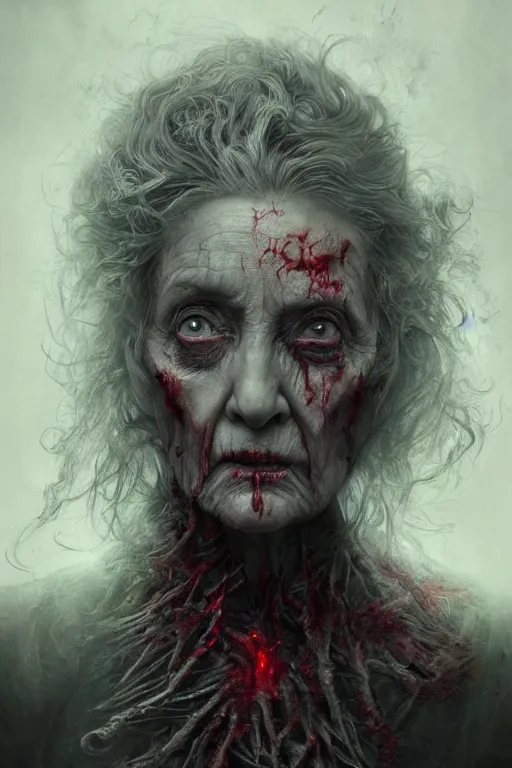 Prompt: realistic portrait of beautifully crystalized and detailed portrait of a zombie old woman, matte painting of cinematic movie scene red dragon, horror, created by gustave dore and greg rutkowski, high detailed, smooth draw, synthwave neon retro, intricate, realistic proportions, dramatic lighting, trending on artstation.