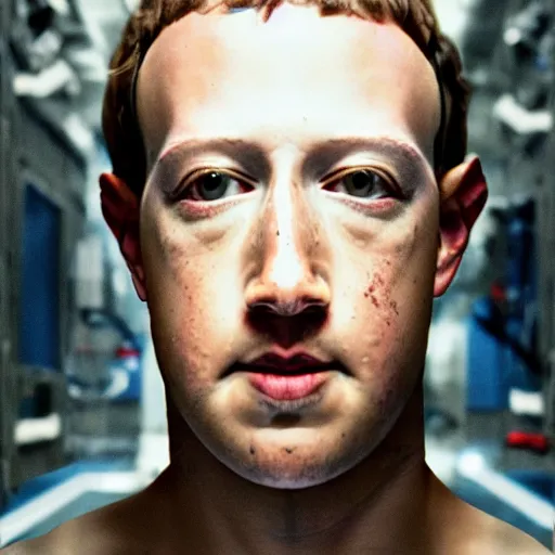 Image similar to a leaking white fluid Mark Zuckerberg cyborg head on the floor. Nostromo Alien movie.