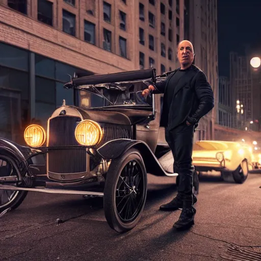 Image similar to very closeup photo of vin diesel as tommy angelo standing near ford model t, chicago 1 9 3 0, night, volumetric lighting, ultra realistic, highly detailed, cinematic, art by jan urschel and neil blevins