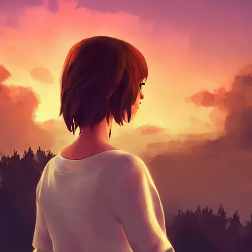 Prompt: max caulfield looking at beautiful sky at night, intricate, youth, digital painting, artstation, life is strange, edouard caplain, ue 5, highly detailed, 8 k