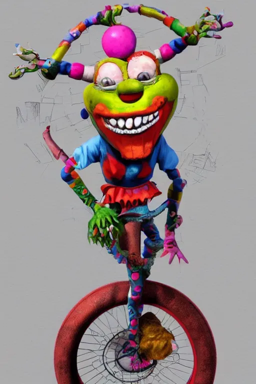 Prompt: a highly detailed painted 3 d model of an aaahh!!! real monsters clown on a unicycle : 1 | centered, colorful, matte background : 0. 9 | by james gurney : 1. 2 | unreal engine, deviantart, artstation, octane, finalrender, zbrush, keyshot, concept art, hd, 8 k resolution : 0. 8