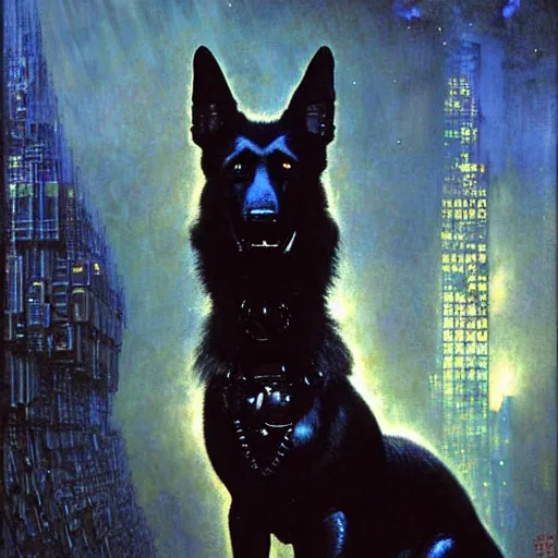 Image similar to portrait black german shepard dogman humanoid!!! bipedal!!! canine neuromancer. spaceship futuristic city. shadowrun cyberpunk fantasy d & d painting by gaston bussiere craig mullins jc leyendecker gustav klimt artgerm greg rutkowski john berkey, bergey, craig mullins, ruan jia, raymond swanland, tom lovell