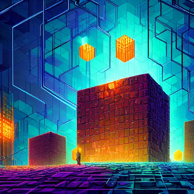 Image similar to blockchain, blocks of cubic tech connected, centered, symmetry, painted, intricate, volumetric lighting, beautiful, rich deep colors masterpiece, sharp focus, ultra detailed, in the style of dan mumford and marc simonetti