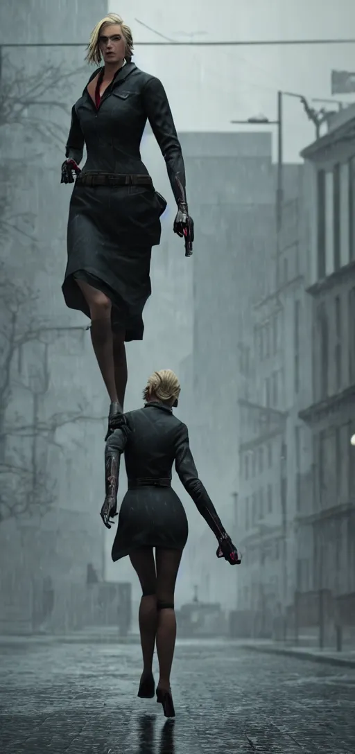 Image similar to beautiful model annie leonhart running on high heels with open toe in dunwall city, beautiful face, detailed face, cinematic lighting, rainy weather, melancholy atmosphere, volumetric light, octane render, dishonored 1, gothic architecture, realistic reflections, octane render 8 k, model agency