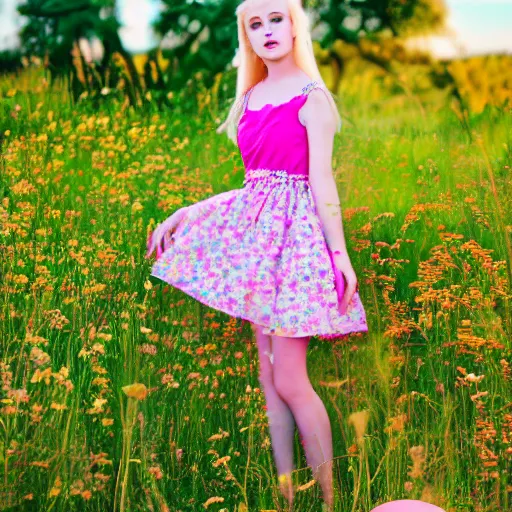 Image similar to A performance art of a young girl with blonde hair, blue eyes, and a pink dress. She is standing in a meadow with flowers and trees. raytracing, lawn green by Sailor Moon gloomy