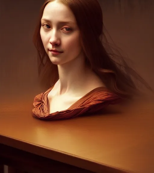 Prompt: portrait of happiness sitting upon a table with heightened detail, poised, intense emotion, detailed facial expression, detailed surroundings, intricate, elegant, highly detailed, centered, digital painting, artstation, concept art, smooth, sharp focus, illustration, by ( leonardo da vinci ), wlop