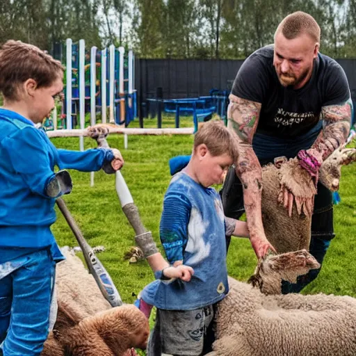 Image similar to ragnar lothrbok cutting off head of lamb at the pet n play zone in zoo with children crying around him while he laughs with beer and bloody axe in hand