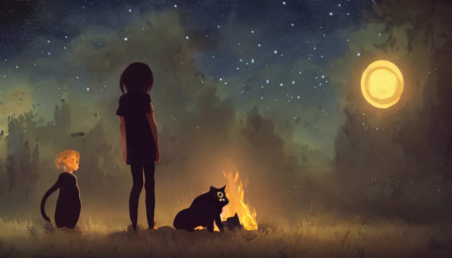 Image similar to a girl and a black cat looking at the stars, campfire, night, stardust, hyperdetailed, artstation, cgsociety, 8 k