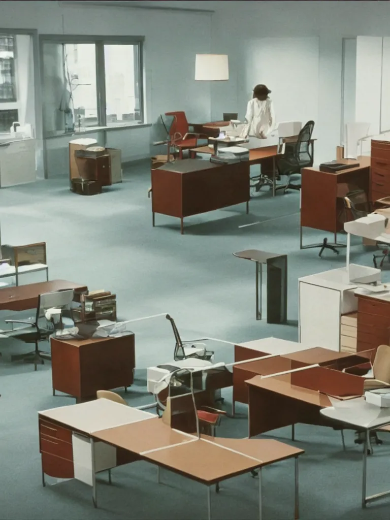 Image similar to a still of severance series ( 2 0 2 2 ) indoor 7 0 s furniture office scenario appearing in a film of jacques tati