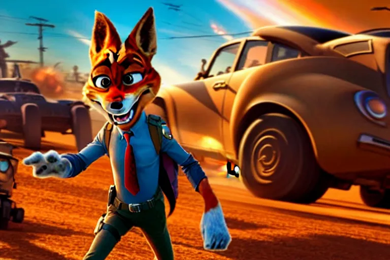 Image similar to nick wilde ( from zootopia ), heavily armed and armored facing down armageddon in a dark and gritty reboot from the makers of mad max : fury road