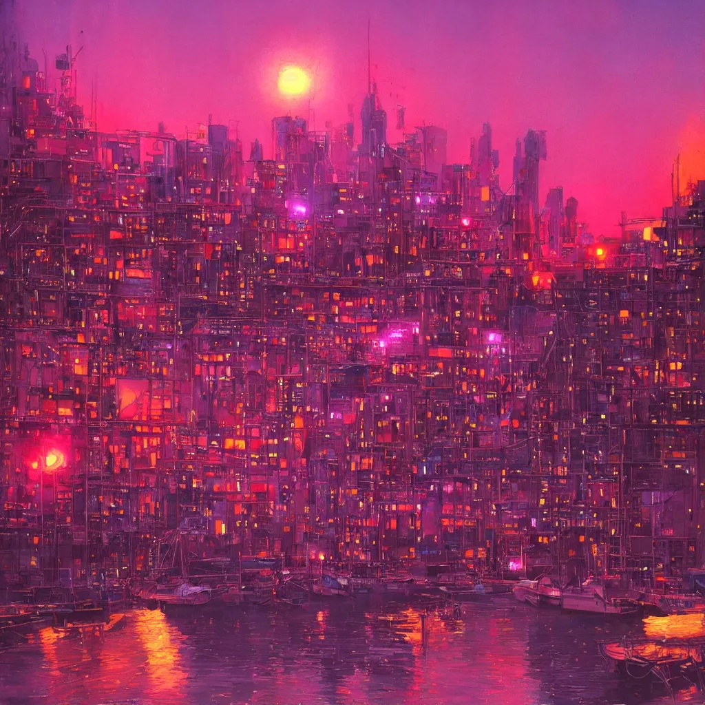 Image similar to the city lights were bright pink and orange and shone overhead. the harbour looked beautiful the sun reflecting off of the water and the neon lights of the city gave of a warm feeling, trending on artstation, by moebius
