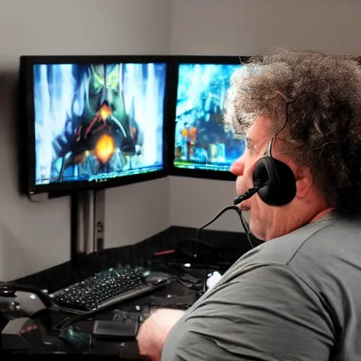 Image similar to obese Howard Stern wearing a headset yelling at his monitor while playing WoW highly detailed wide angle lens 10:9 aspect ration award winning photography by David Lynch esoteric erasure head