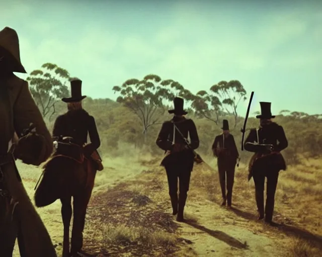 Image similar to ned kelly leading the kelly gang through australian native bushland shootout, epic action pose, global illumination, intricate detail, octane render, concept art, award winning hyperrealism photorealism cinematic still