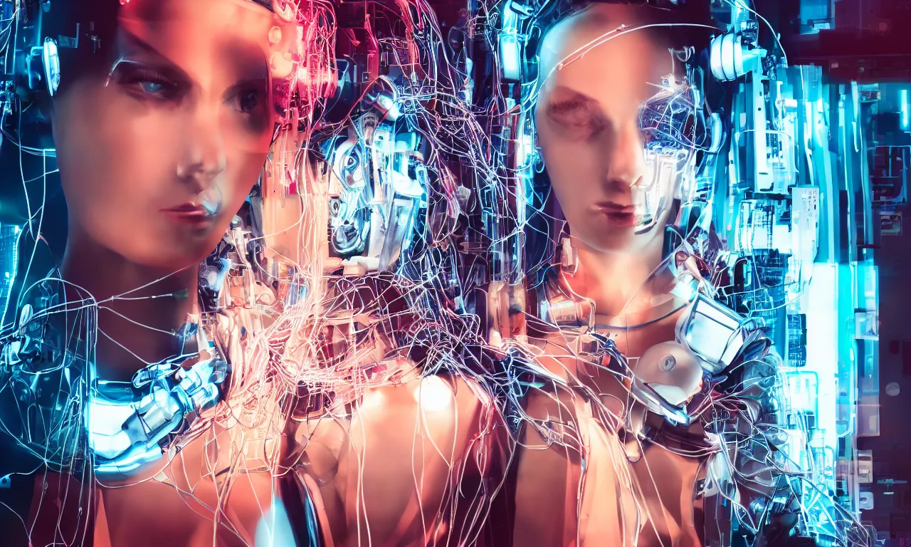 Image similar to A beautiful blonde model who is half of a robot with wires coming out of her head, Cyberpunk, neon, 60s, Sony a7R IV, symmetric balance, polarizing filter, Photolab, Lightroom, 4K, Dolby Vision, Photography Award