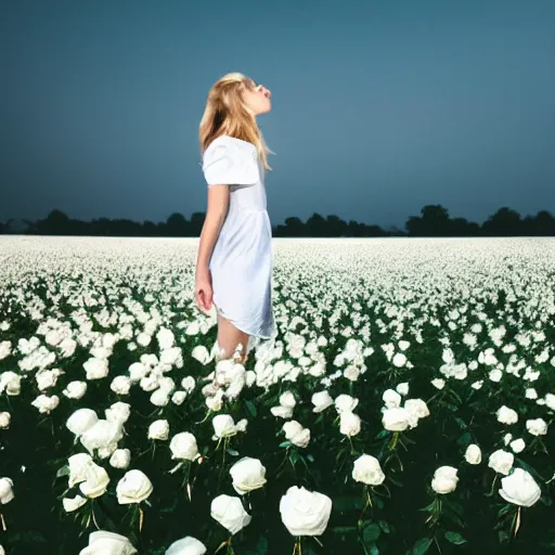 Prompt: a woman dressed in white, standing in an infinite field of white roses, petals in the breeze, fireflies glowing, vivid lighting, professional photography, distance shot, afternoon lighting