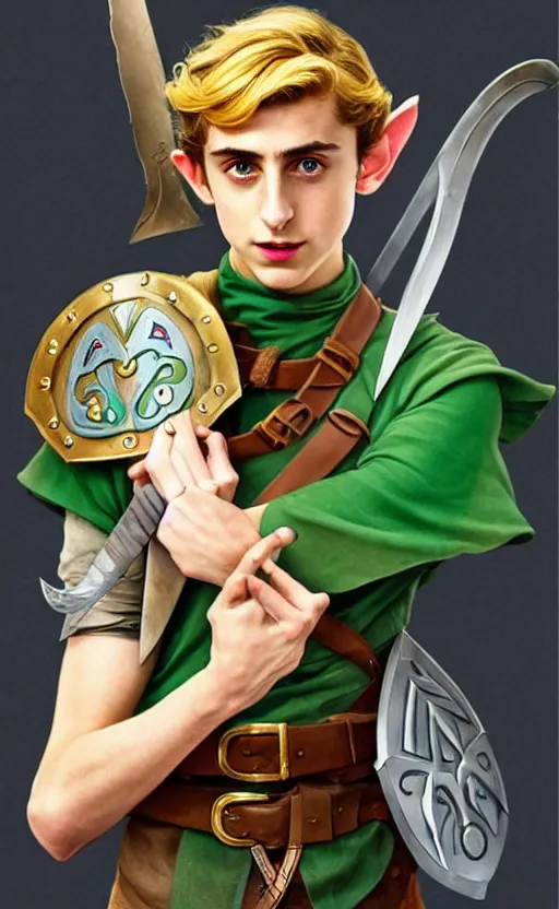 Image similar to Timothee Chalamet as Link from Legend of Zelda, elf ears, +++ super super super dynamic posing, j.c. leyendecker, Valentina Remenar, thick eyebrows, super serious facial expression, holding a sword & shield, ocarina of time