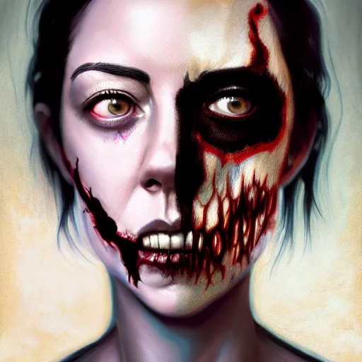 Image similar to color head portrait of aubrey plaza as a really cute zombie, 7 days to die zombie, gritty background, fine art, award winning, intricate, elegant, sharp focus, cinematic lighting, digital painting, 8 k concept art, art by michael hussar, art by brom, art by guweiz and z. w. gu, 8 k